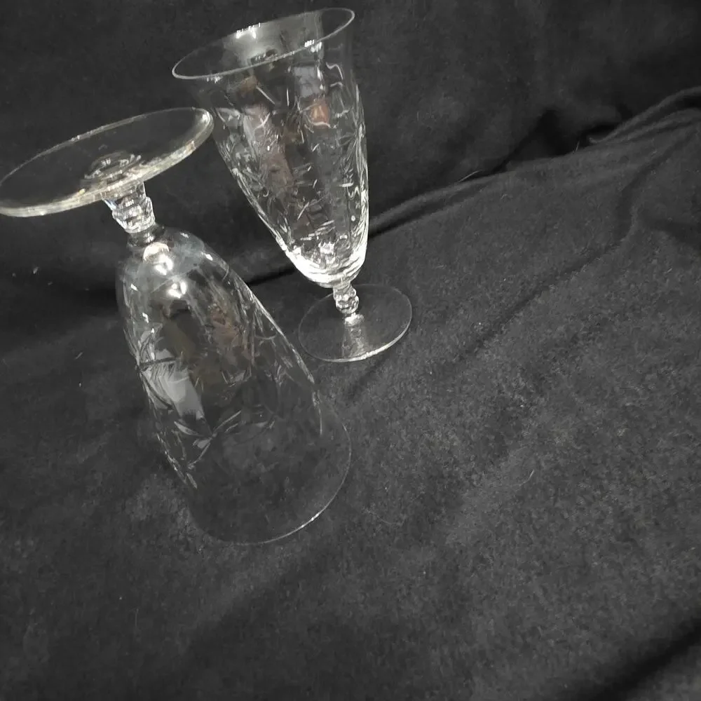 Vintage Bryce Fern Leaf #894 Etched Water Goblets Set of 2 Blown Glass USA